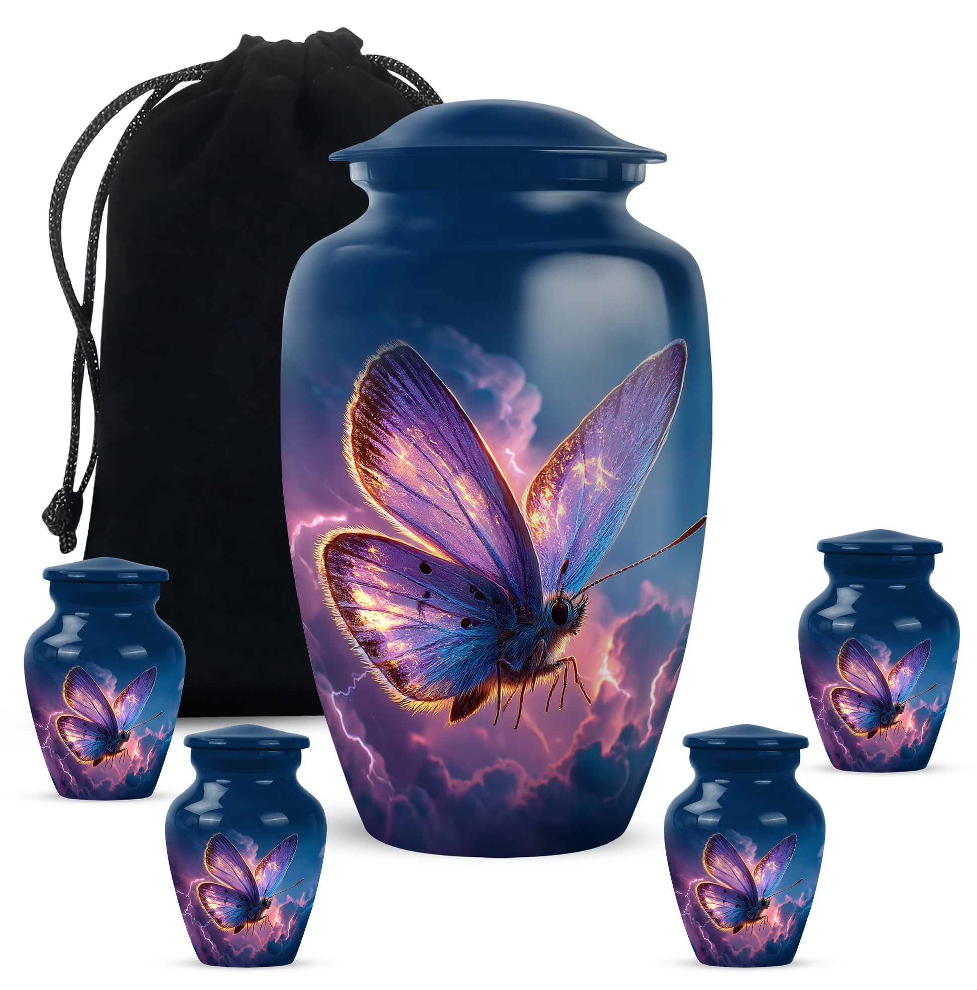 Sky Blue Butterfly Cremation Urn top-down view of secure threaded lid - classic sculpted butterfly pattern on smooth aluminum - memorial set with one large and four small urns