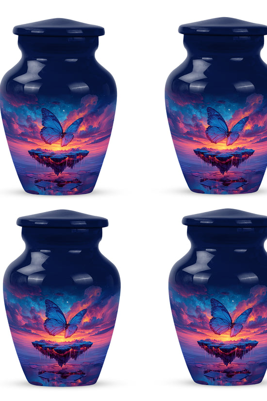 Celestial Blue Butterfly Cremation Urn side profile showing urn shape - classic sculpted butterfly pattern on smooth aluminum - 10 inch aluminum urn for cremated remains