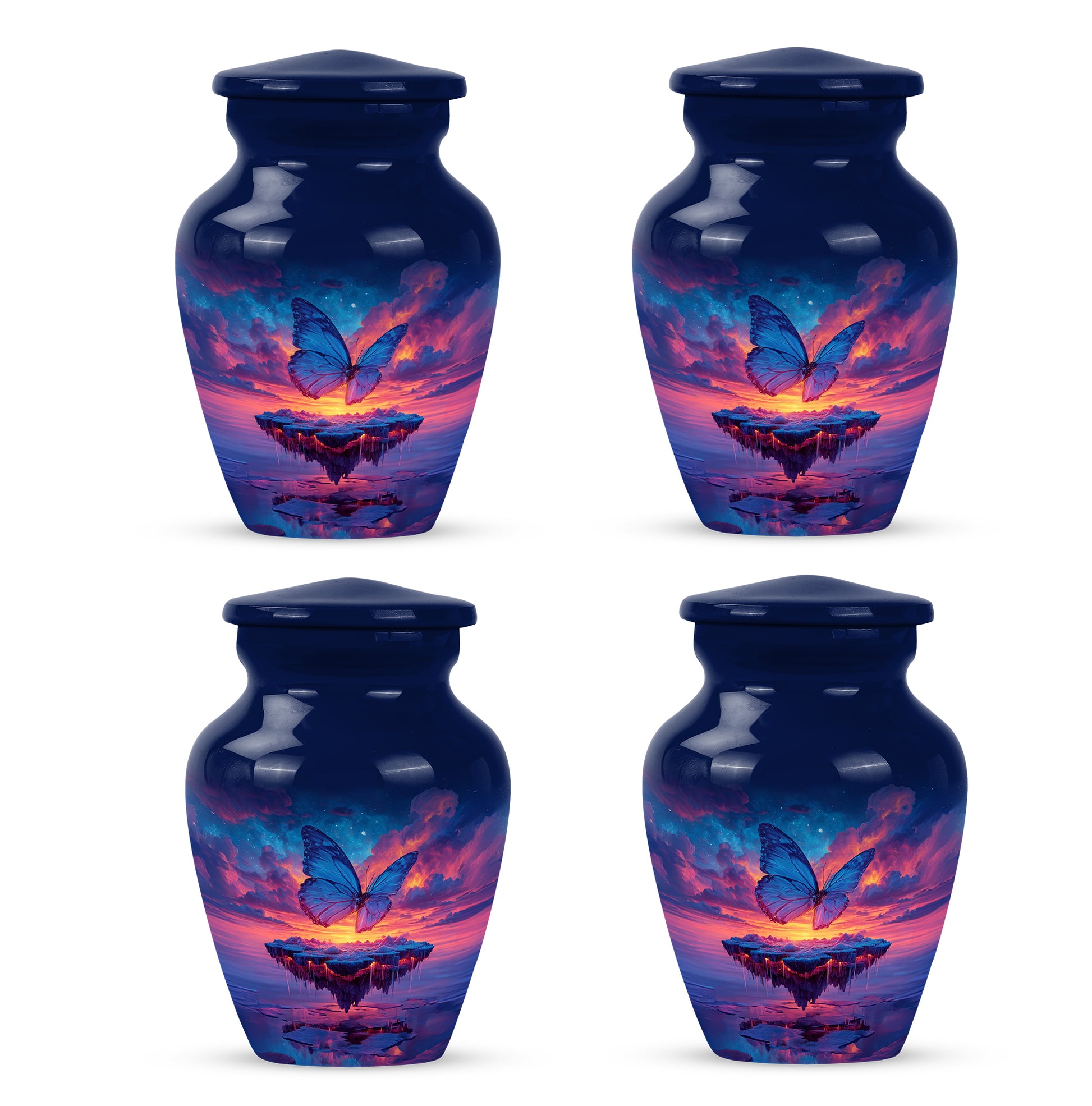 Celestial Blue Butterfly Cremation Urn side profile showing urn shape - classic sculpted butterfly pattern on smooth aluminum - 10 inch aluminum urn for cremated remains