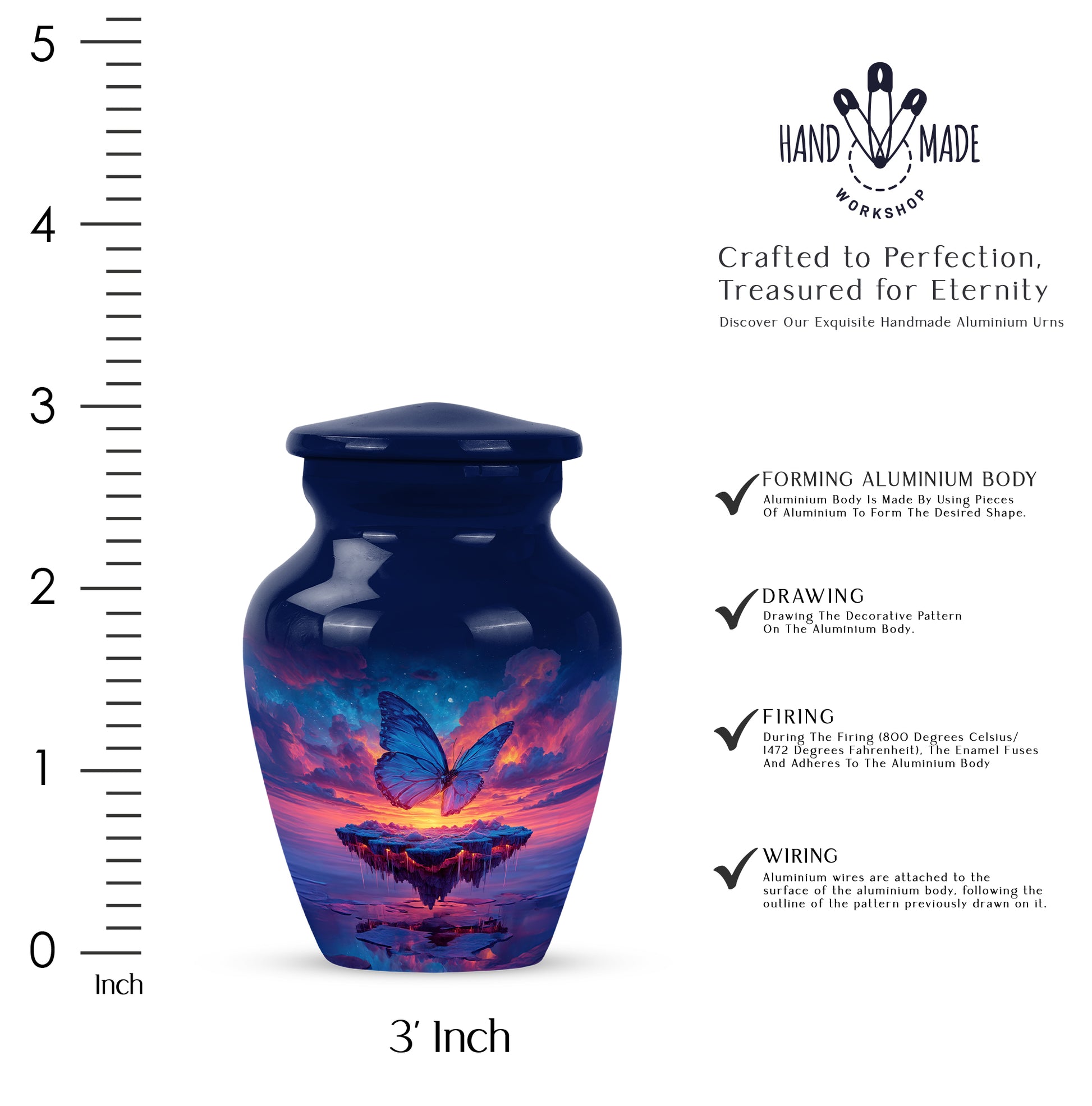 Soft Blue Butterfly Cremation Urn close-up of engraving and surface detail - traditional butterfly engraving with hand-polished finish - mini keepsake memorial for portion of cremation ashes