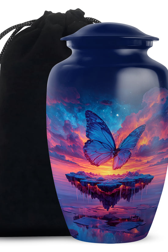 Vivid Blue Butterfly Cremation Urn angled view of lid and engraved motif - traditional butterfly engraving with hand-polished finish - full-size 10 inch 200 cubic inch adult cremation urn