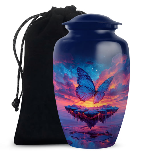 Vivid Blue Butterfly Cremation Urn angled view of lid and engraved motif - traditional butterfly engraving with hand-polished finish - full-size 10 inch 200 cubic inch adult cremation urn