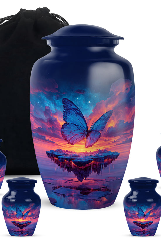 Azure Butterfly Cremation Urn top-down view of secure threaded lid - classic sculpted butterfly pattern on smooth aluminum - memorial set with one large and four small urns