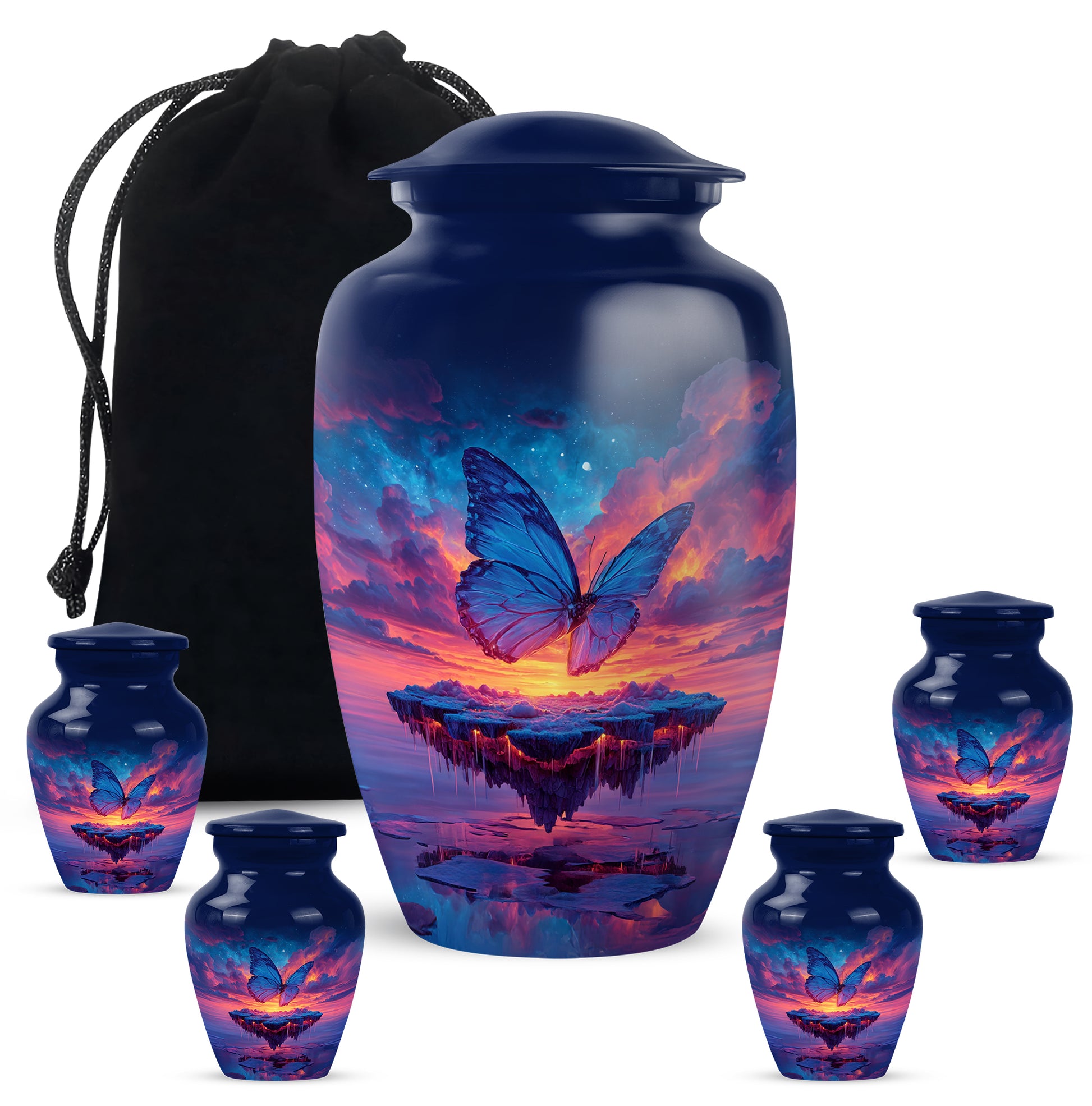 Azure Butterfly Cremation Urn top-down view of secure threaded lid - classic sculpted butterfly pattern on smooth aluminum - memorial set with one large and four small urns