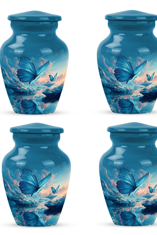 Indigo Butterfly Cremation Urn side profile showing urn shape - classic sculpted butterfly pattern on smooth aluminum - 10 inch aluminum urn for cremated remains