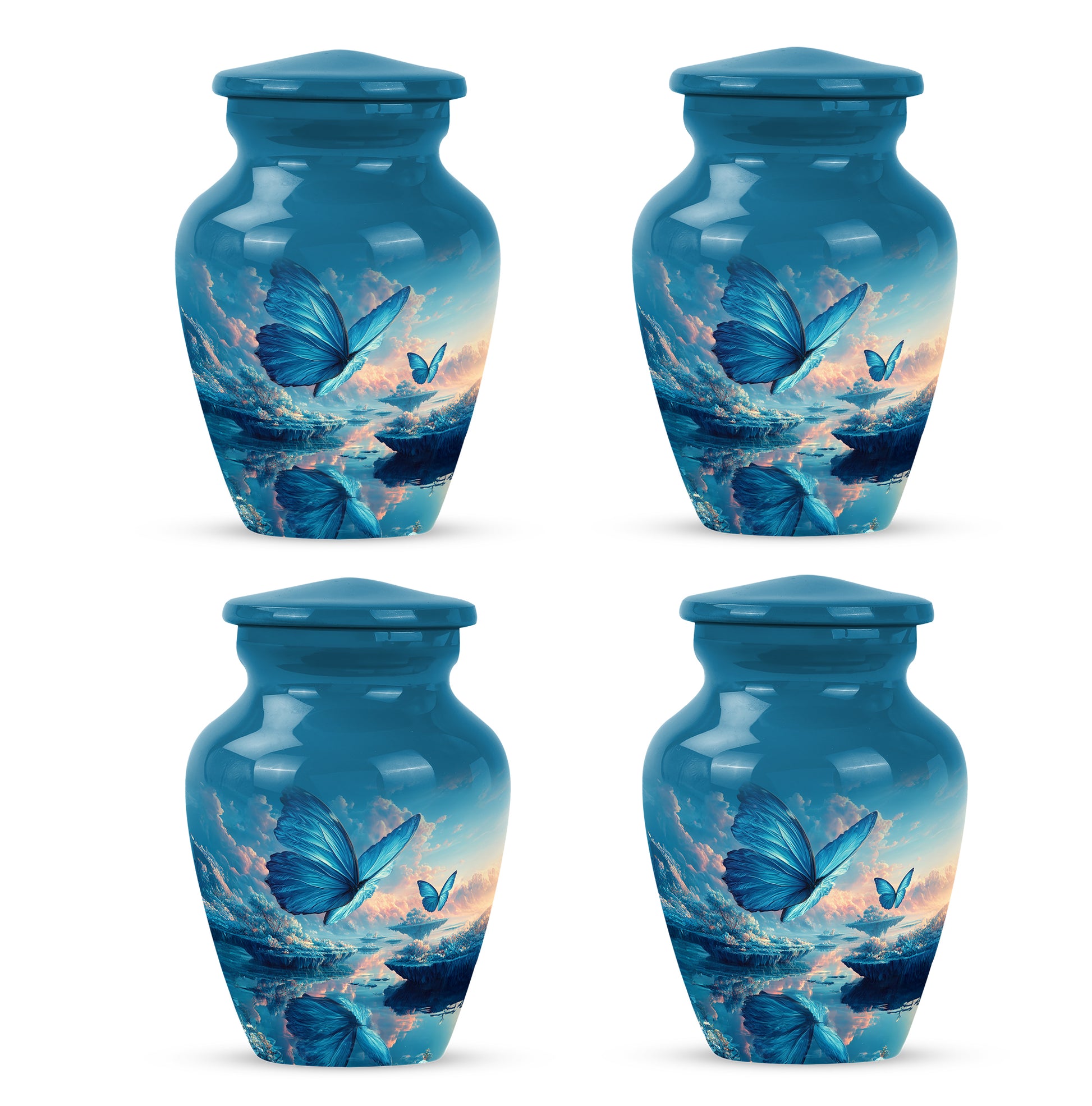 Indigo Butterfly Cremation Urn side profile showing urn shape - classic sculpted butterfly pattern on smooth aluminum - 10 inch aluminum urn for cremated remains