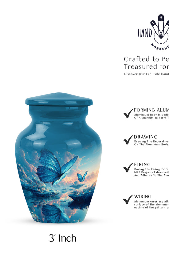 Soft Blue Butterfly Cremation Urn close-up of engraving and surface detail - traditional butterfly engraving with hand-polished finish - mini keepsake memorial for portion of cremation ashes