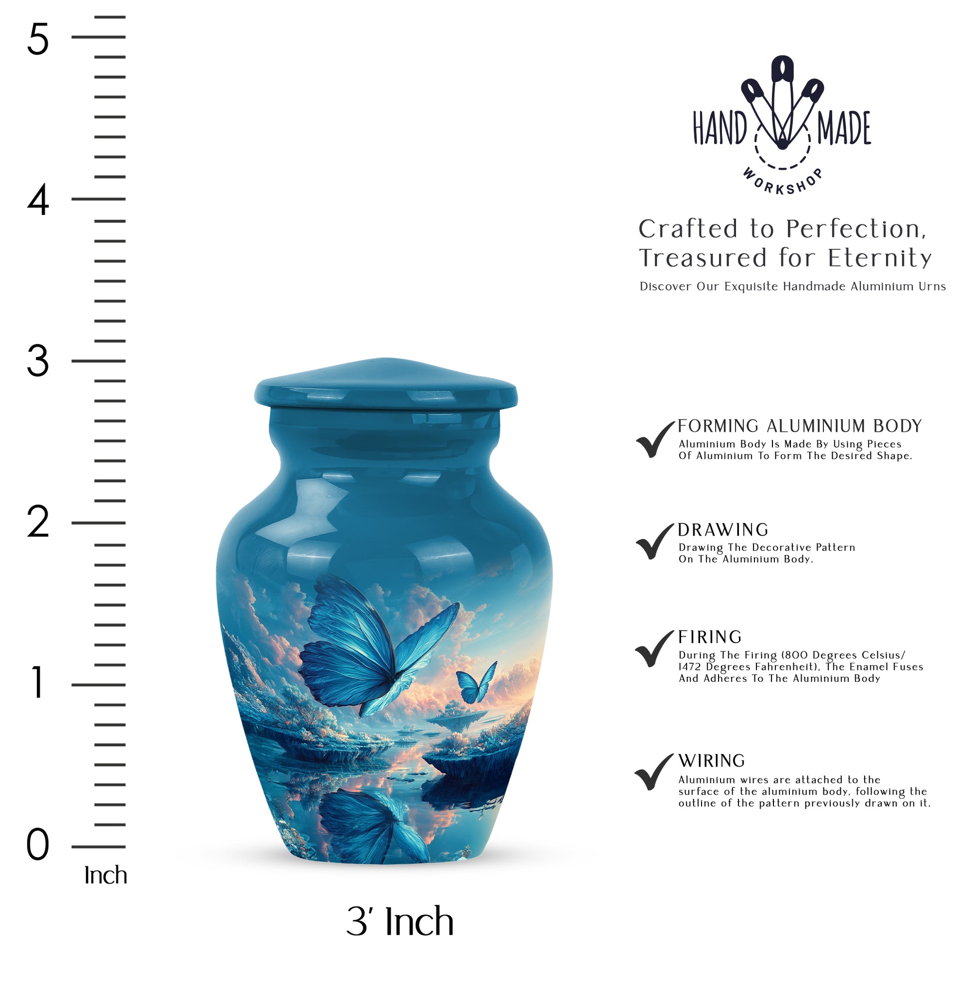 Soft Blue Butterfly Cremation Urn close-up of engraving and surface detail - traditional butterfly engraving with hand-polished finish - mini keepsake memorial for portion of cremation ashes
