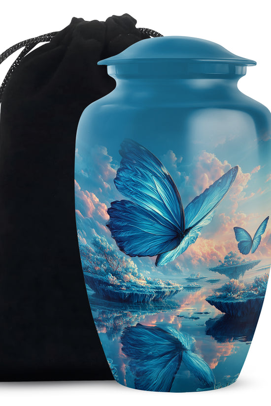 Indigo Butterfly Cremation Urn angled view of lid and engraved motif - classic sculpted butterfly pattern on smooth aluminum - full-size 10 inch 200 cubic inch adult cremation urn