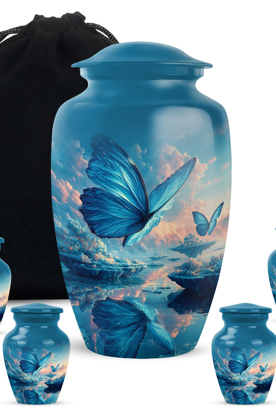 Slate Blue Butterfly Cremation Urn top-down view of secure threaded lid - timeless butterfly motif etched into premium metal - memorial set with one large and four small urns