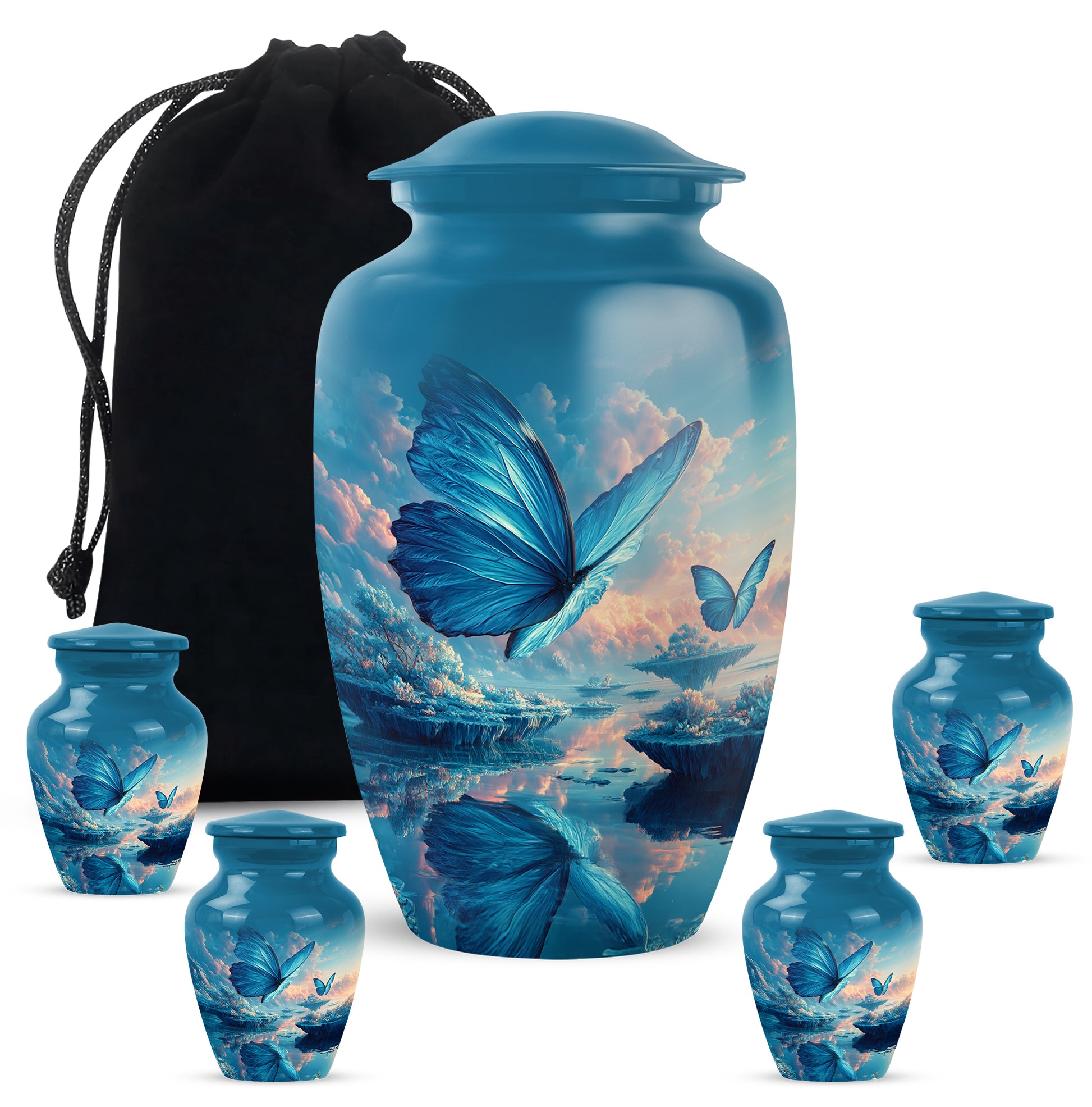 Slate Blue Butterfly Cremation Urn top-down view of secure threaded lid - timeless butterfly motif etched into premium metal - memorial set with one large and four small urns