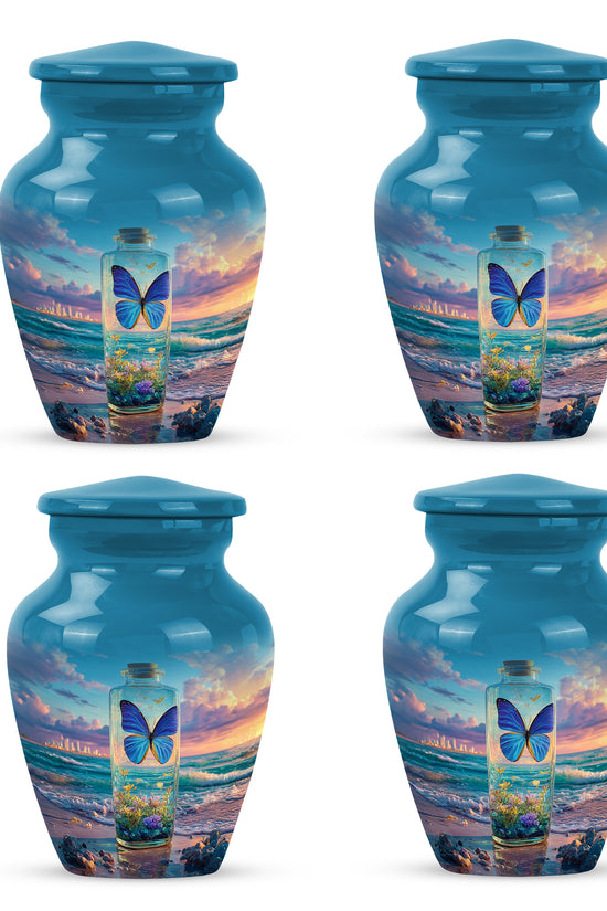 Cornflower Blue Butterfly Cremation Urn side profile showing urn shape - elegant classic butterfly relief with fine detailing - 10 inch aluminum urn for cremated remains