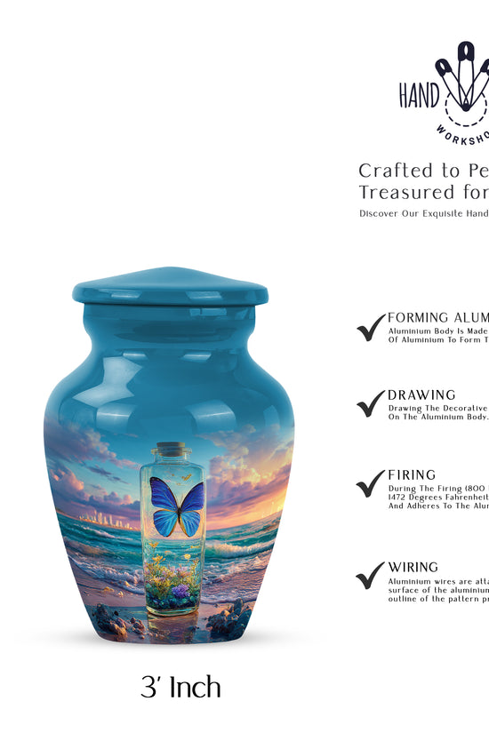 Vivid Blue Butterfly Cremation Urn close-up of engraving and surface detail - elegant classic butterfly relief with fine detailing - mini keepsake memorial for portion of cremation ashes