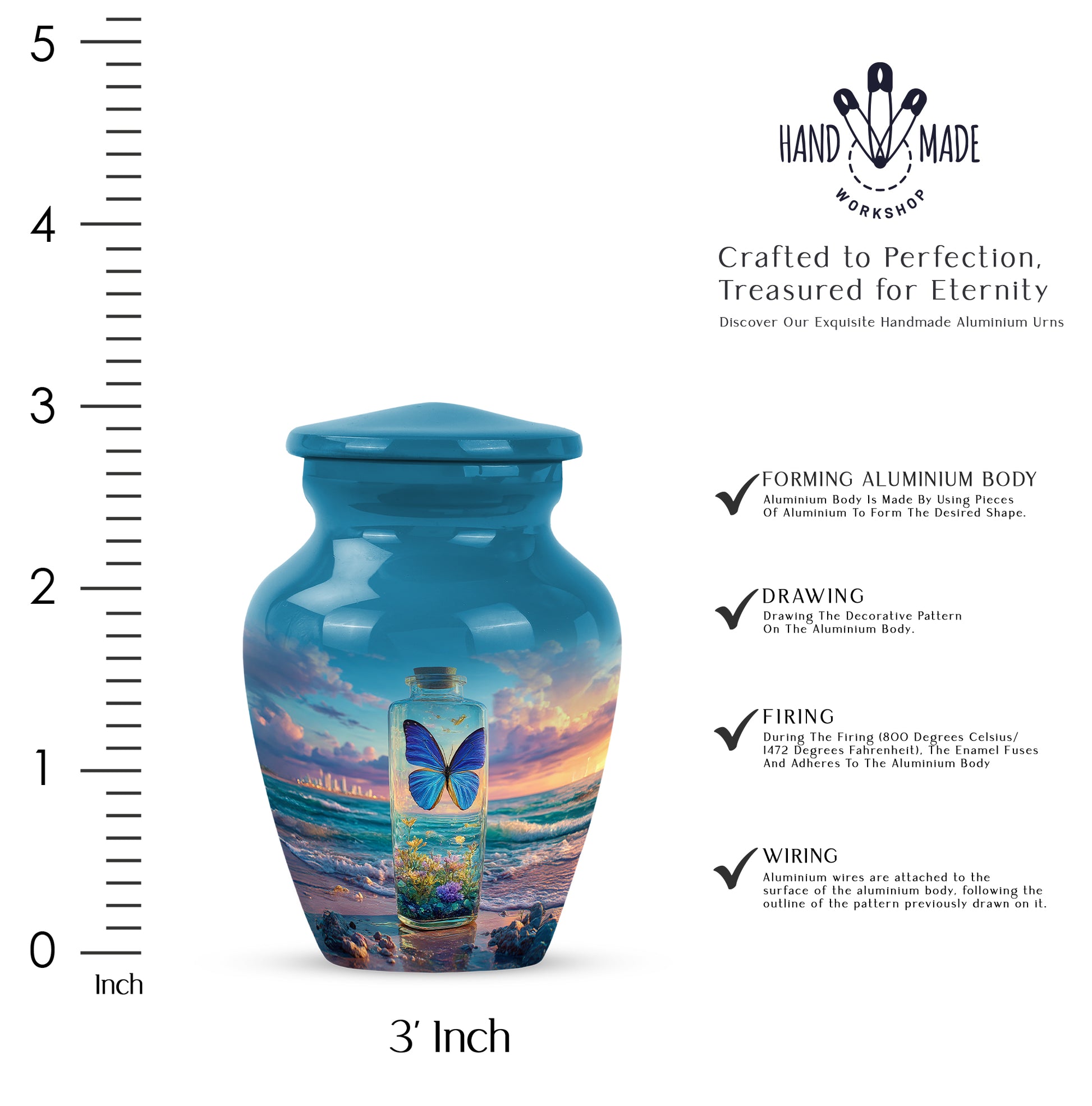Vivid Blue Butterfly Cremation Urn close-up of engraving and surface detail - elegant classic butterfly relief with fine detailing - mini keepsake memorial for portion of cremation ashes