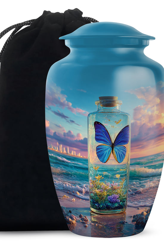 Misty Blue Butterfly Cremation Urn angled view of lid and engraved motif - timeless butterfly motif etched into premium metal - full-size 10 inch 200 cubic inch adult cremation urn