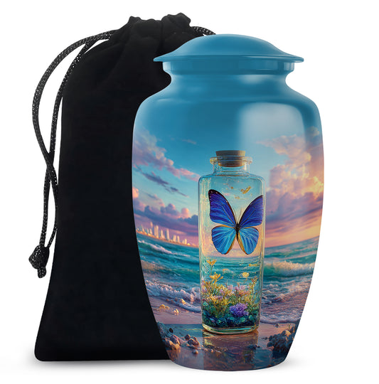 Misty Blue Butterfly Cremation Urn angled view of lid and engraved motif - timeless butterfly motif etched into premium metal - full-size 10 inch 200 cubic inch adult cremation urn