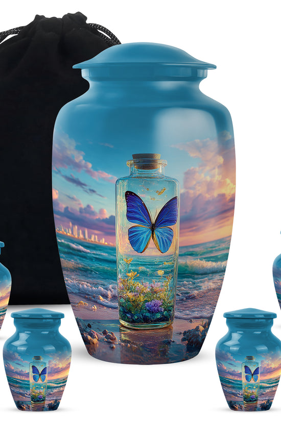 Soft Blue Butterfly Cremation Urn top-down view of secure threaded lid - traditional butterfly engraving with hand-polished finish - memorial set with one large and four small urns
