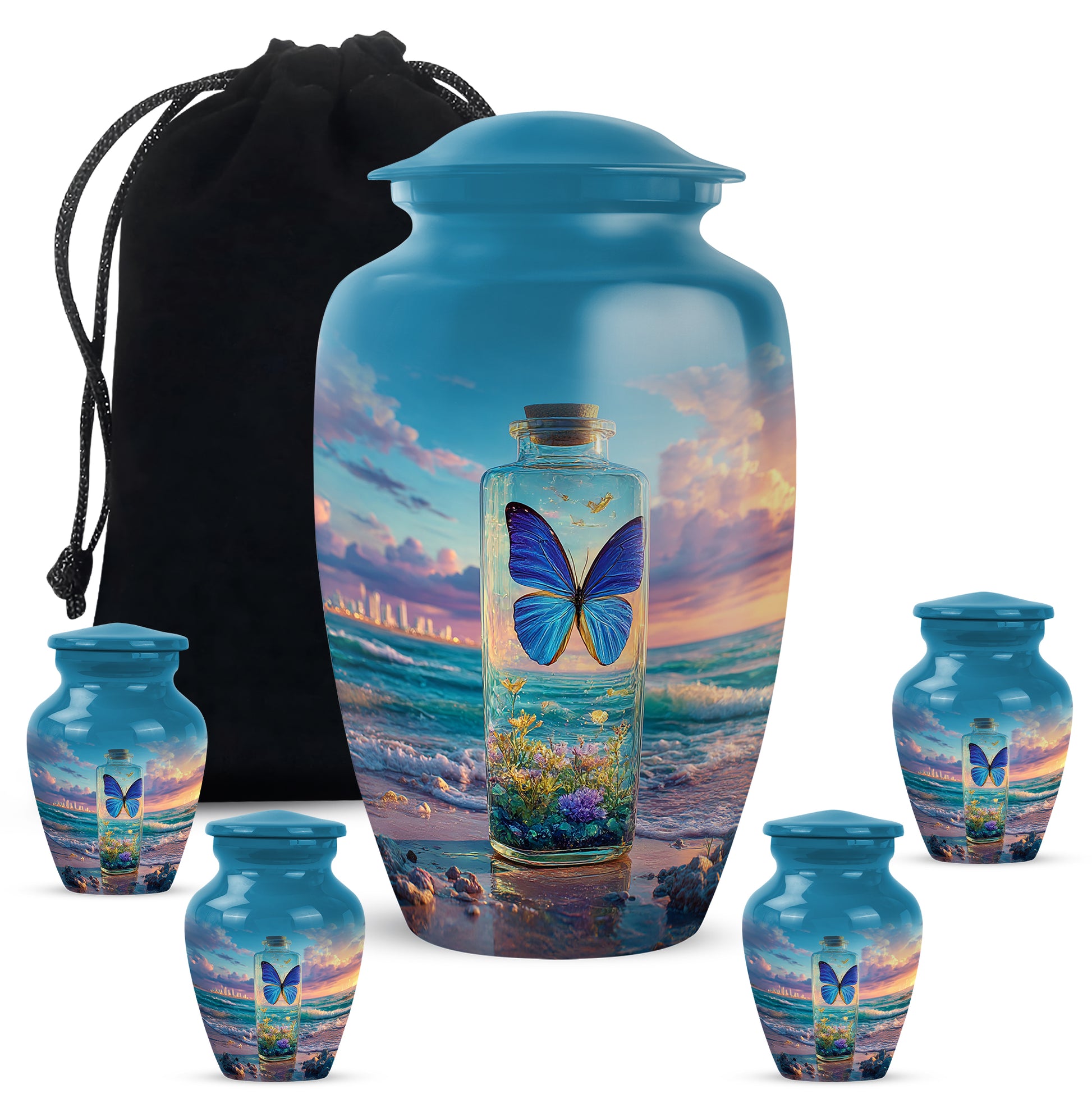 Soft Blue Butterfly Cremation Urn top-down view of secure threaded lid - traditional butterfly engraving with hand-polished finish - memorial set with one large and four small urns