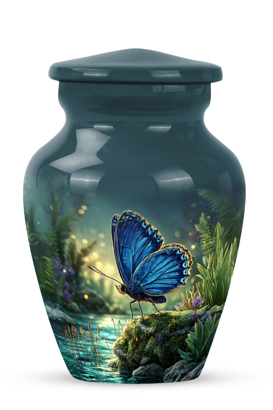 Blue Sacred Butterfly Cremation Urns for Human Ashes - 10-inch, 200 cu in - Yatskia