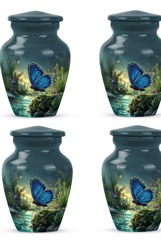 Dusty Blue Butterfly Cremation Urn side profile showing urn shape - timeless butterfly motif etched into premium metal - 10 inch aluminum urn for cremated remains