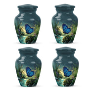 Dusty Blue Butterfly Cremation Urn side profile showing urn shape - timeless butterfly motif etched into premium metal - 10 inch aluminum urn for cremated remains