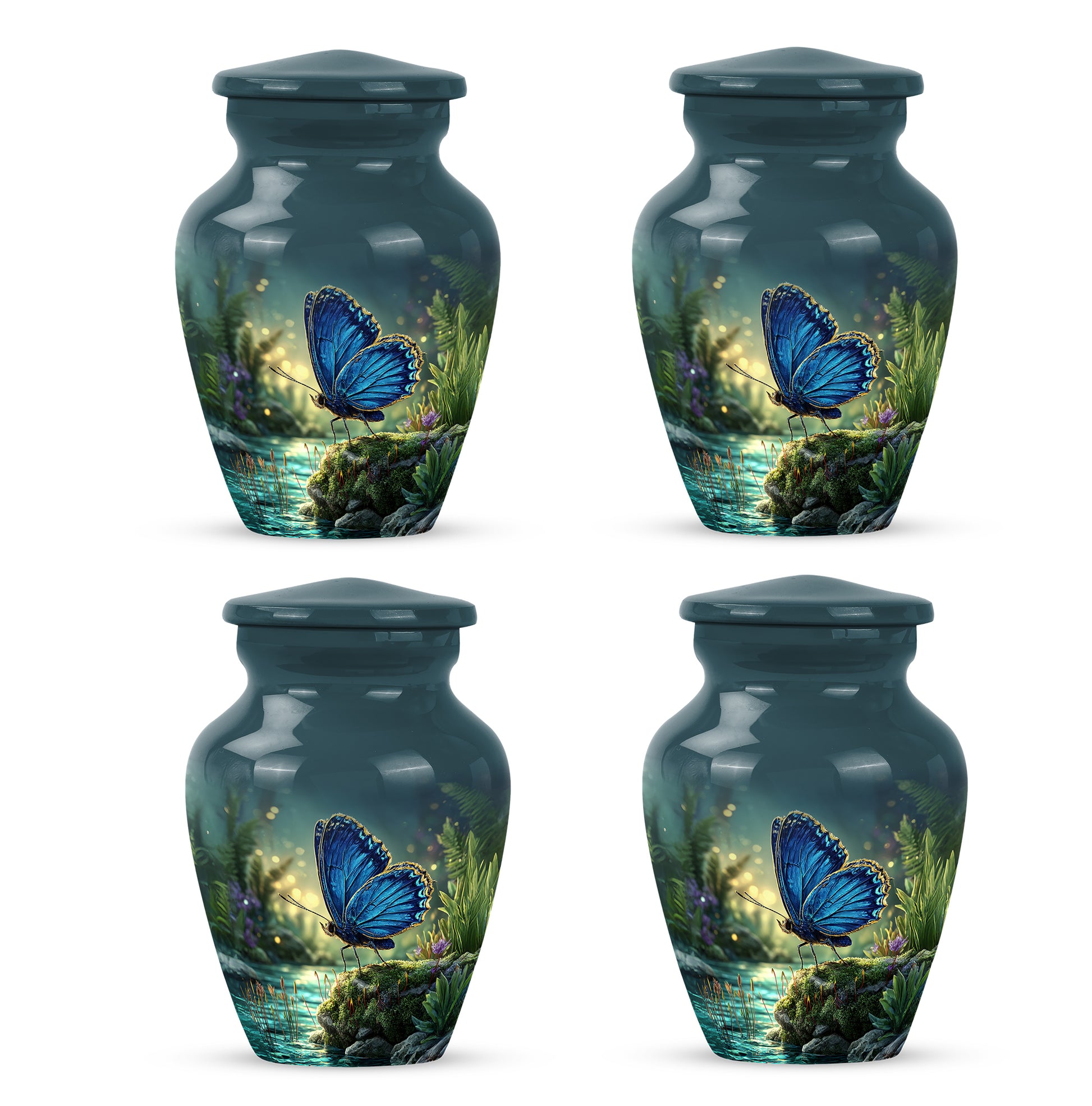 Dusty Blue Butterfly Cremation Urn side profile showing urn shape - timeless butterfly motif etched into premium metal - 10 inch aluminum urn for cremated remains