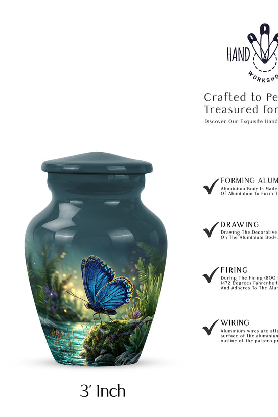 Powder Blue Butterfly Cremation Urn close-up of engraving and surface detail - timeless butterfly motif etched into premium metal - mini keepsake memorial for portion of cremation ashes