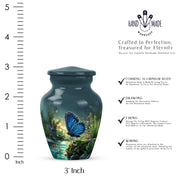 Powder Blue Butterfly Cremation Urn close-up of engraving and surface detail - timeless butterfly motif etched into premium metal - mini keepsake memorial for portion of cremation ashes