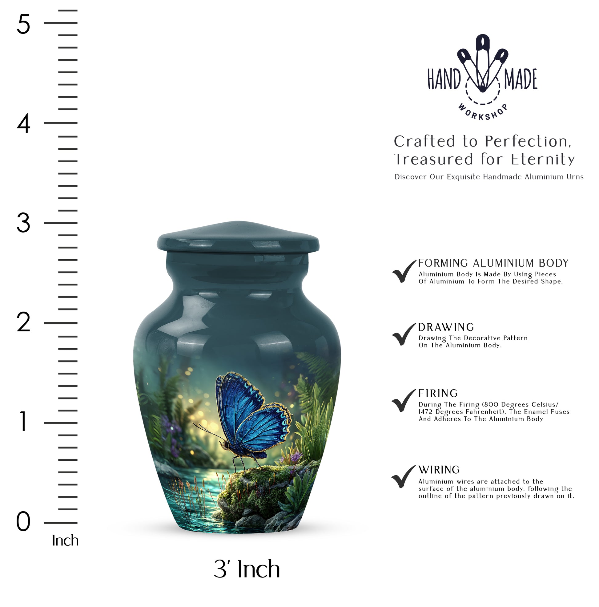 Powder Blue Butterfly Cremation Urn close-up of engraving and surface detail - timeless butterfly motif etched into premium metal - mini keepsake memorial for portion of cremation ashes