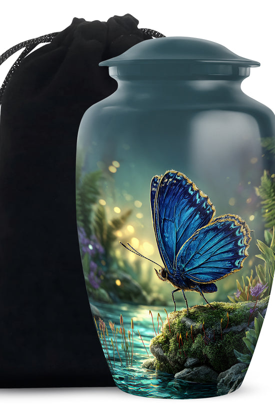 Cornflower Blue Butterfly Cremation Urn angled view of lid and engraved motif - elegant classic butterfly relief with fine detailing - full-size 10 inch 200 cubic inch adult cremation urn
