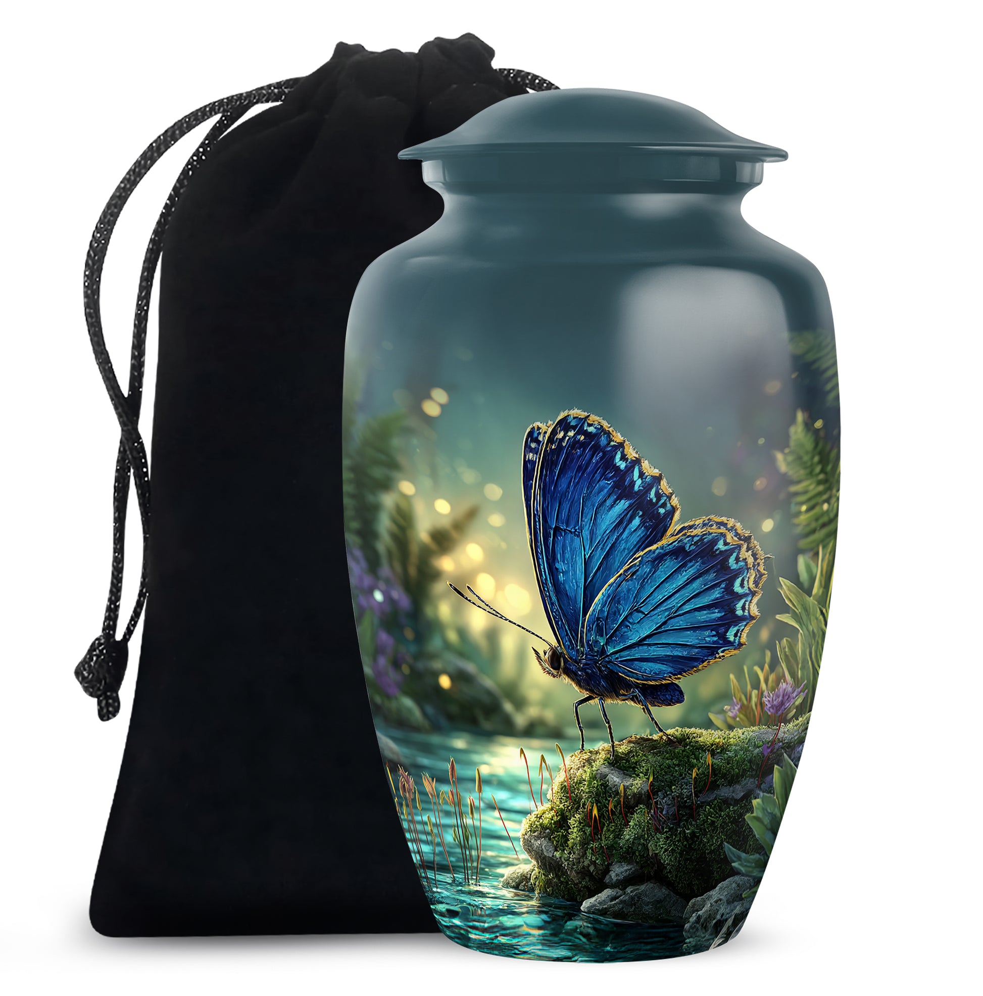 Cornflower Blue Butterfly Cremation Urn angled view of lid and engraved motif - elegant classic butterfly relief with fine detailing - full-size 10 inch 200 cubic inch adult cremation urn