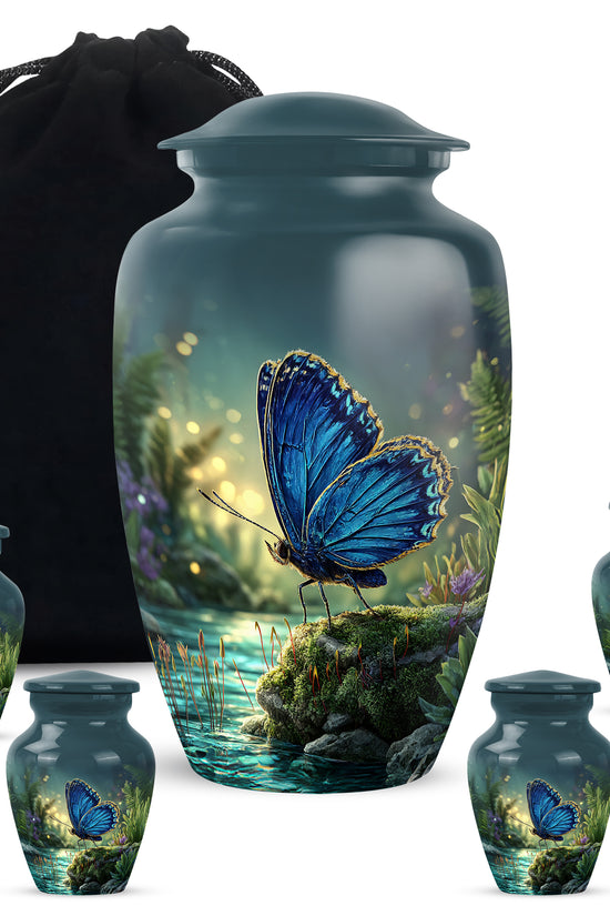 Pastel Blue Butterfly Cremation Urn top-down view of secure threaded lid - timeless butterfly motif etched into premium metal - memorial set with one large and four small urns