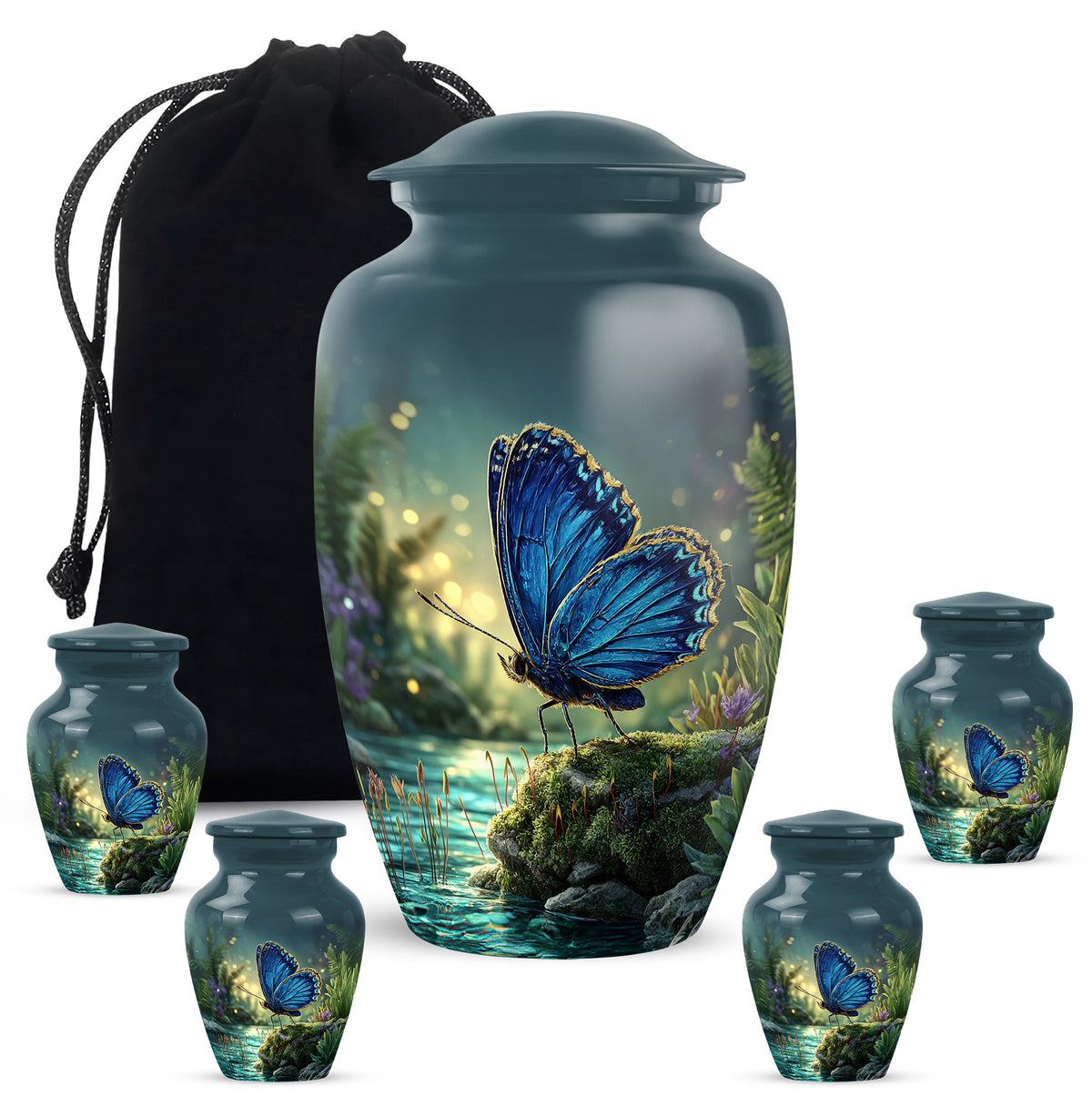 Pastel Blue Butterfly Cremation Urn top-down view of secure threaded lid - timeless butterfly motif etched into premium metal - memorial set with one large and four small urns