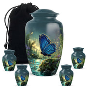 Pastel Blue Butterfly Cremation Urn top-down view of secure threaded lid - timeless butterfly motif etched into premium metal - memorial set with one large and four small urns