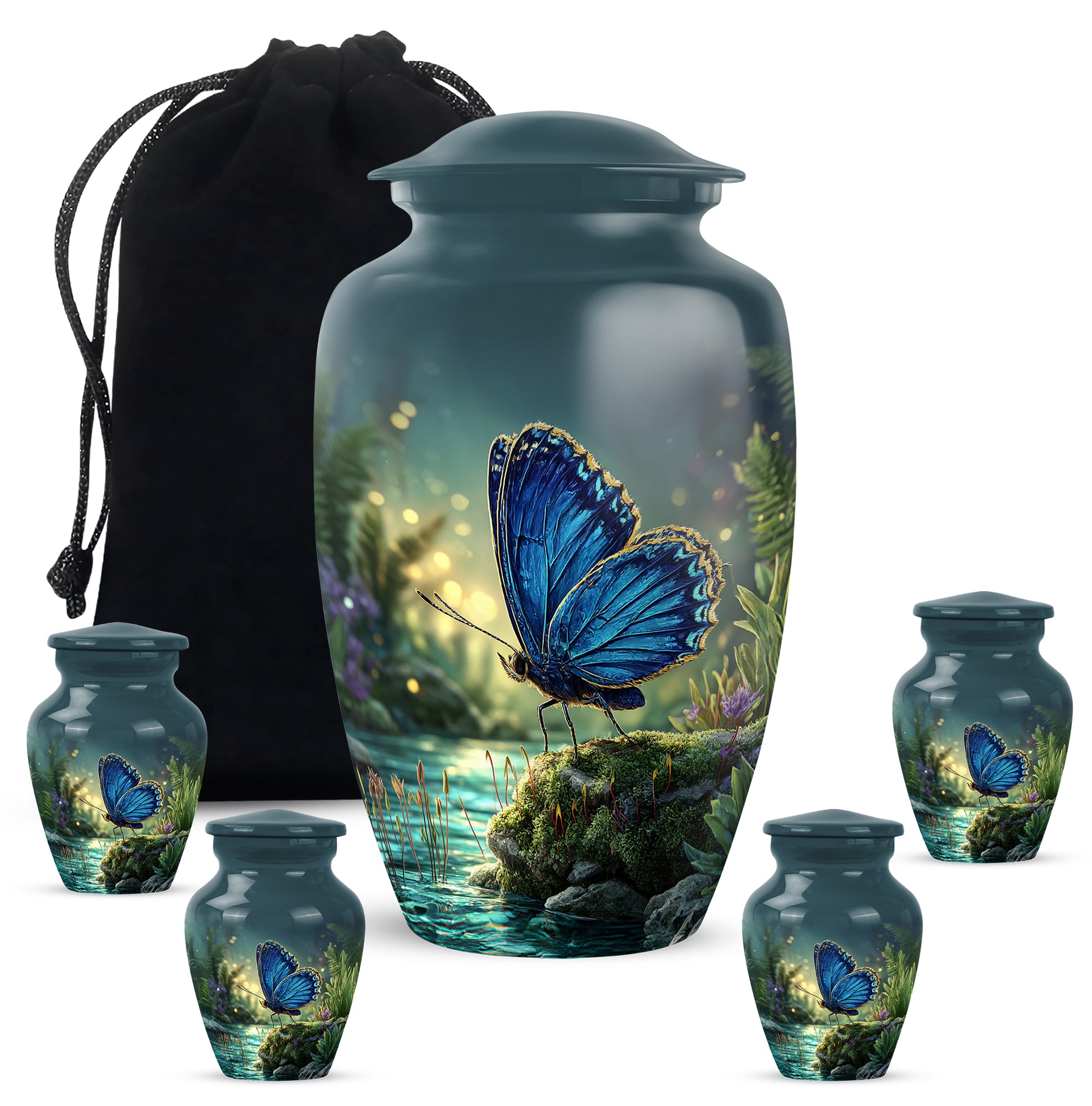 Pastel Blue Butterfly Cremation Urn top-down view of secure threaded lid - timeless butterfly motif etched into premium metal - memorial set with one large and four small urns