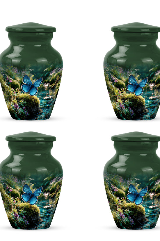 Verdant Green Butterfly Cremation Urn side profile showing urn shape - timeless butterfly motif etched into premium metal - 10 inch aluminum urn for cremated remains