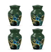 Verdant Green Butterfly Cremation Urn side profile showing urn shape - timeless butterfly motif etched into premium metal - 10 inch aluminum urn for cremated remains