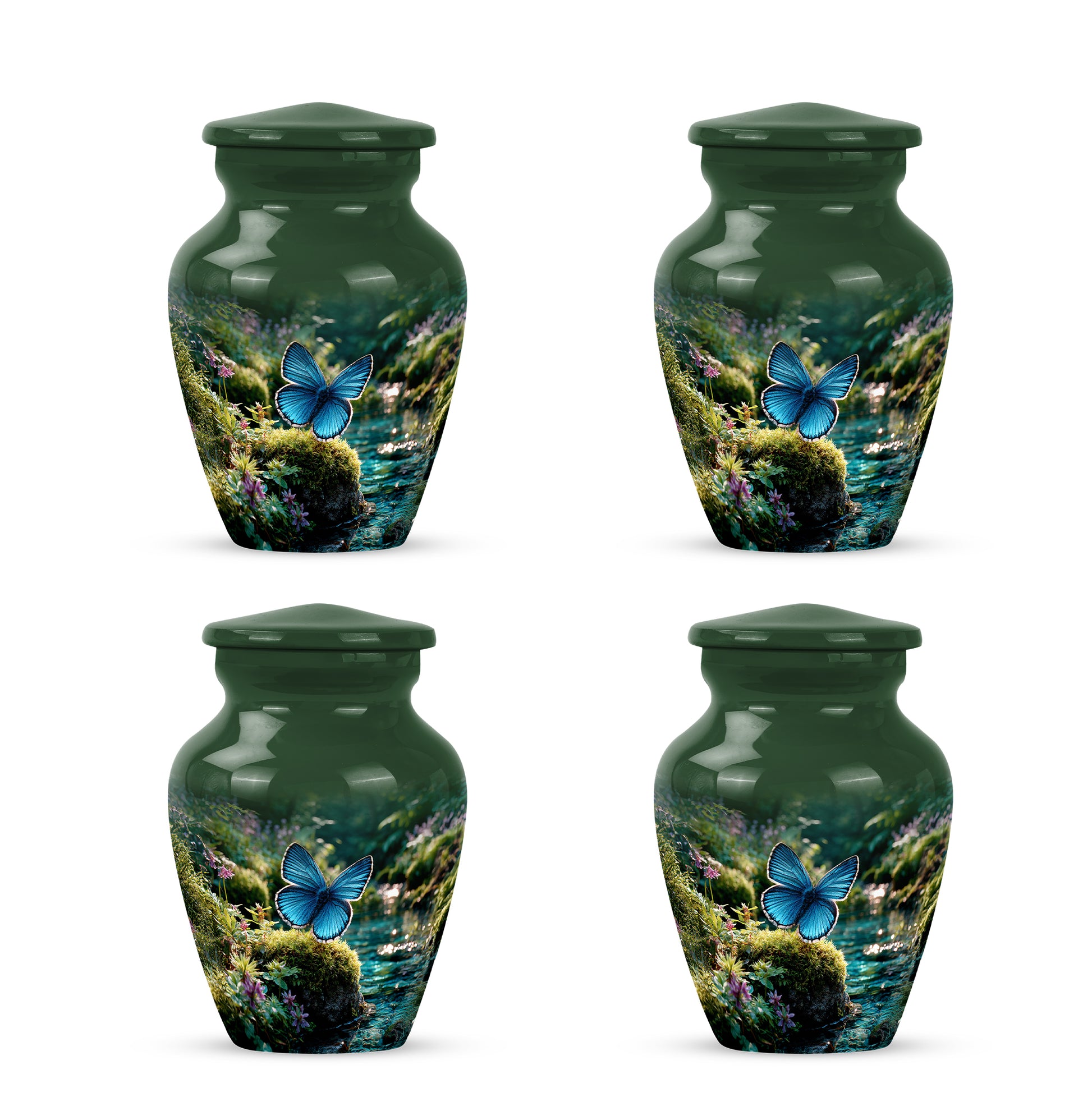 Verdant Green Butterfly Cremation Urn side profile showing urn shape - timeless butterfly motif etched into premium metal - 10 inch aluminum urn for cremated remains
