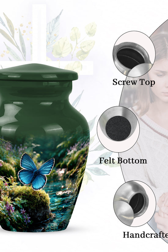 Pine Green Butterfly Cremation Urn close-up of engraving and surface detail - elegant classic butterfly relief with fine detailing - mini keepsake memorial for portion of cremation ashes