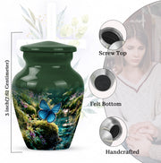 Pine Green Butterfly Cremation Urn close-up of engraving and surface detail - elegant classic butterfly relief with fine detailing - mini keepsake memorial for portion of cremation ashes