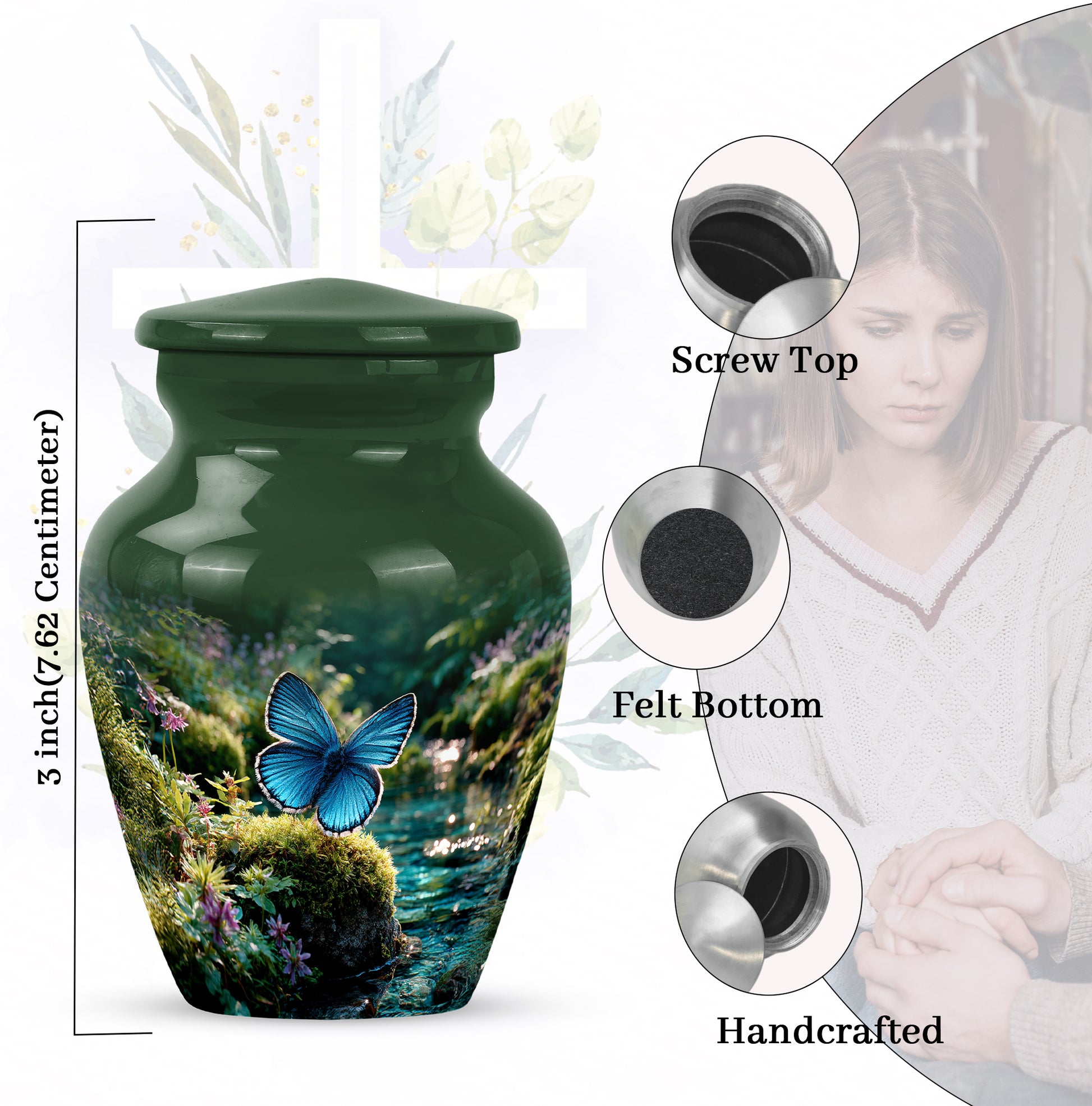Pine Green Butterfly Cremation Urn close-up of engraving and surface detail - elegant classic butterfly relief with fine detailing - mini keepsake memorial for portion of cremation ashes