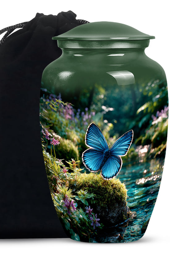 Moss Green Butterfly Cremation Urn angled view of lid and engraved motif - timeless butterfly motif etched into premium metal - full-size 10 inch 200 cubic inch adult cremation urn