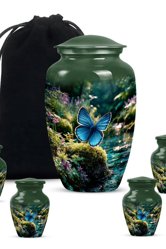 Sage Green Butterfly Cremation Urn top-down view of secure threaded lid - timeless butterfly motif etched into premium metal - memorial set with one large and four small urns