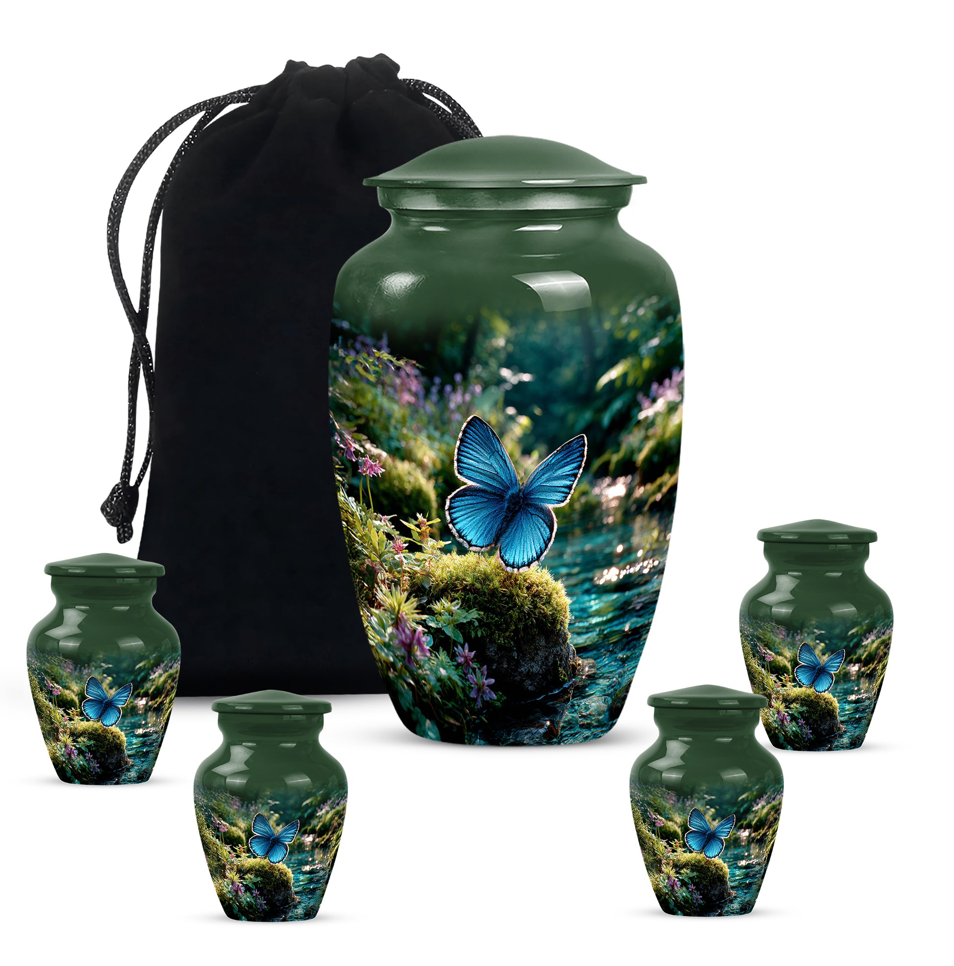 Sage Green Butterfly Cremation Urn top-down view of secure threaded lid - timeless butterfly motif etched into premium metal - memorial set with one large and four small urns