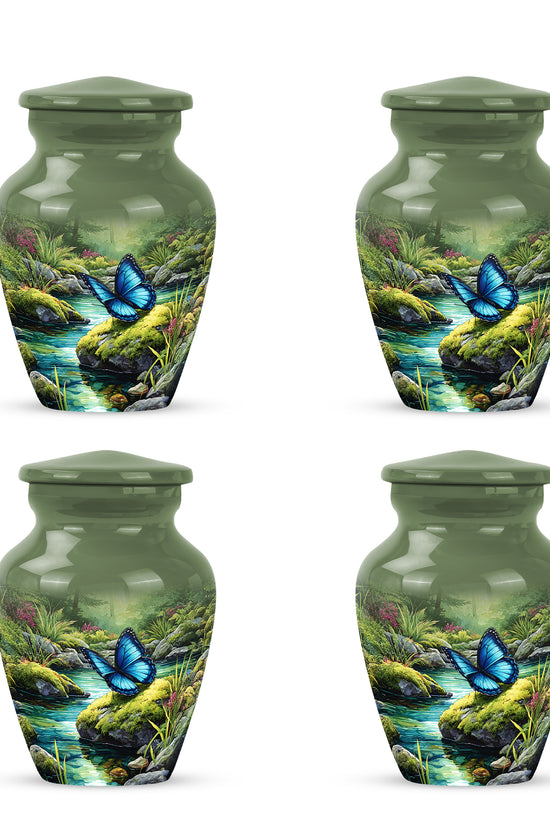 Mint Green Butterfly Cremation Urn side profile showing urn shape - elegant classic butterfly relief with fine detailing - 10 inch aluminum urn for cremated remains