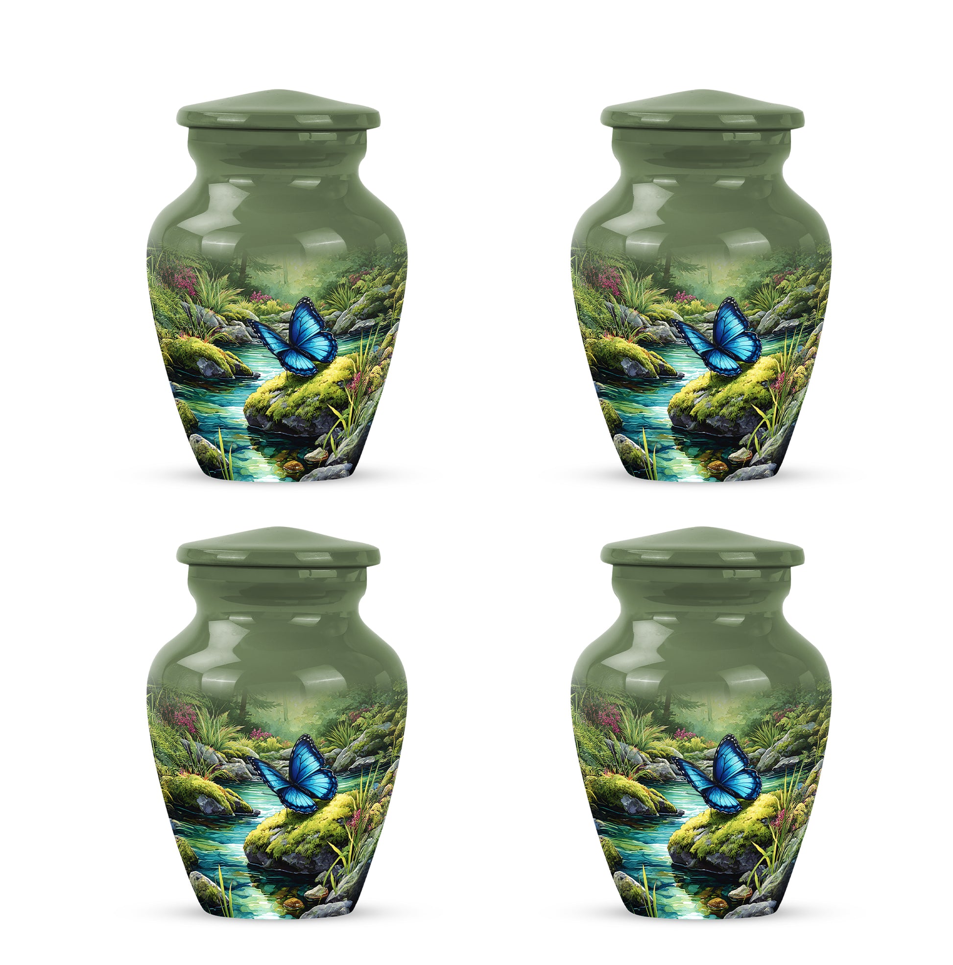 Mint Green Butterfly Cremation Urn side profile showing urn shape - elegant classic butterfly relief with fine detailing - 10 inch aluminum urn for cremated remains