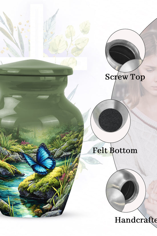 Mint Green Butterfly Cremation Urn close-up of engraving and surface detail - elegant classic butterfly relief with fine detailing - mini keepsake memorial for portion of cremation ashes