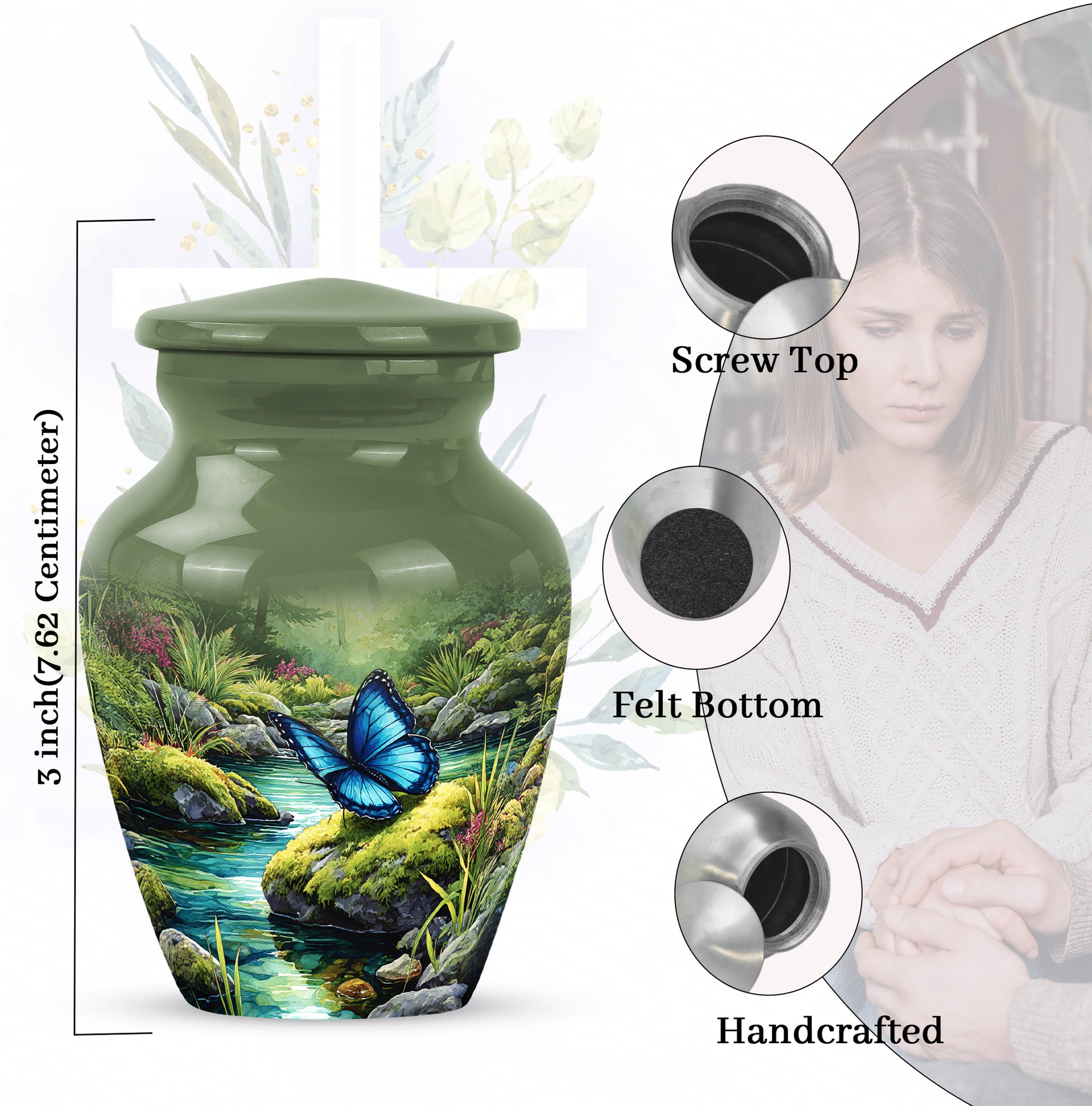 Mint Green Butterfly Cremation Urn close-up of engraving and surface detail - elegant classic butterfly relief with fine detailing - mini keepsake memorial for portion of cremation ashes