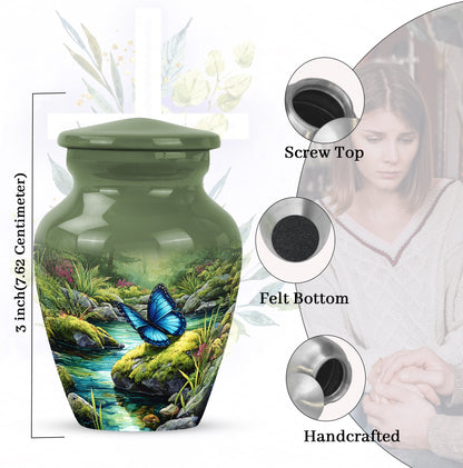 Mint Green Butterfly Cremation Urn close-up of engraving and surface detail - elegant classic butterfly relief with fine detailing - mini keepsake memorial for portion of cremation ashes
