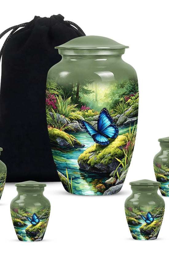 Sage Green Butterfly Cremation Urn top-down view of secure threaded lid - timeless butterfly motif etched into premium metal - memorial set with one large and four small urns